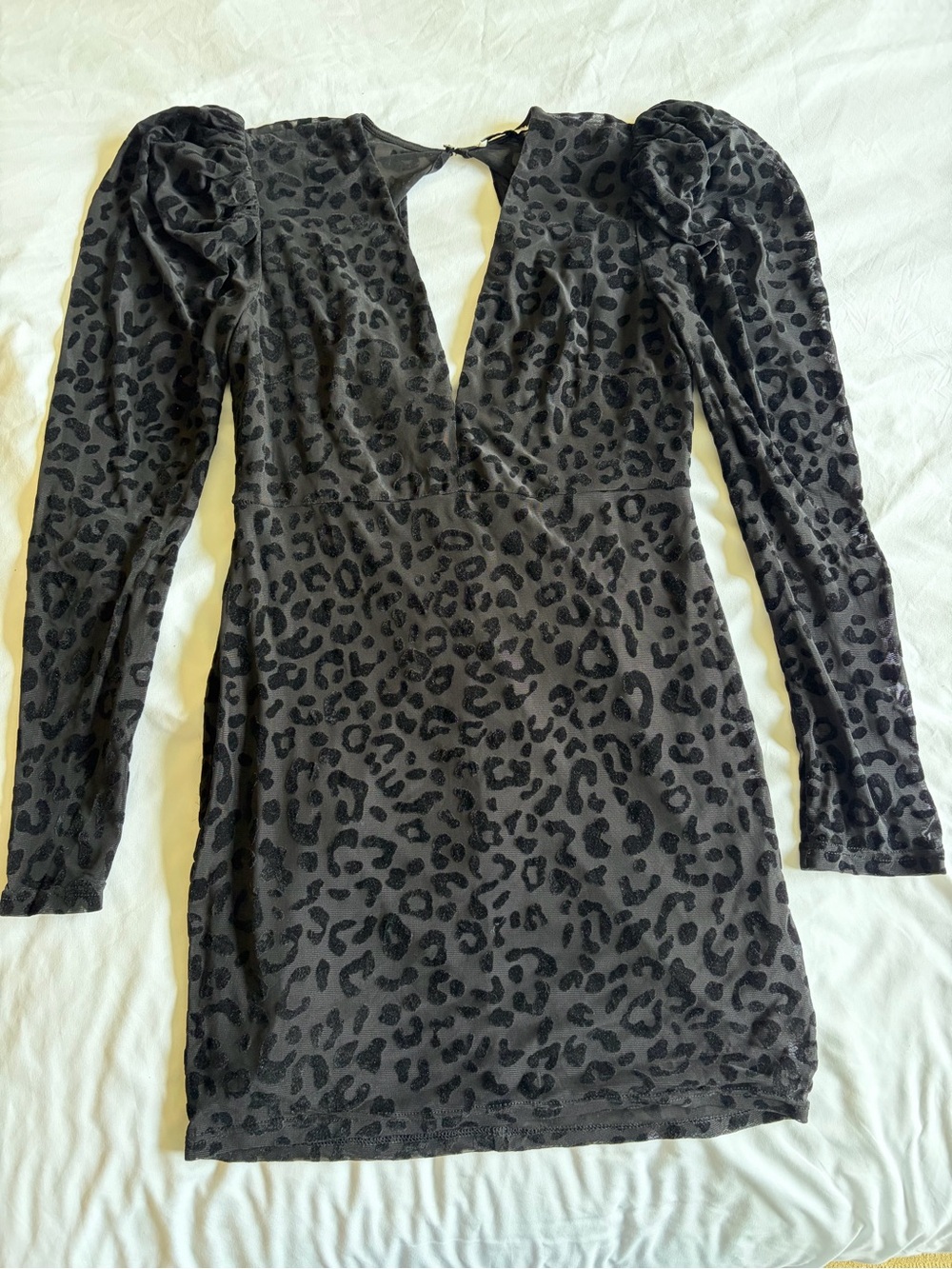 LUSH Black Leopard Velvet Puff-Sleeve Mini Dress